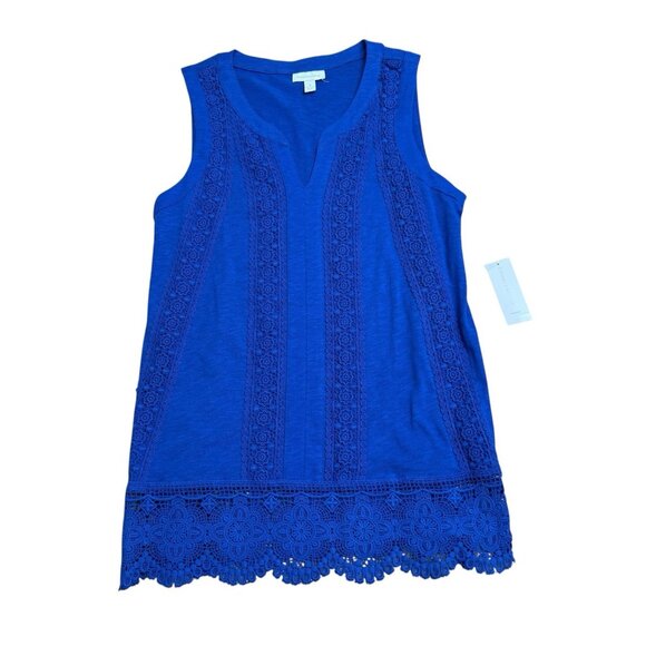 CHARTER CLUB TUNIC TOP BOHO CHIC CROCHET LACE NOTCH NECK BLUE SIZE M EMBELLISHED - Picture 1 of 9